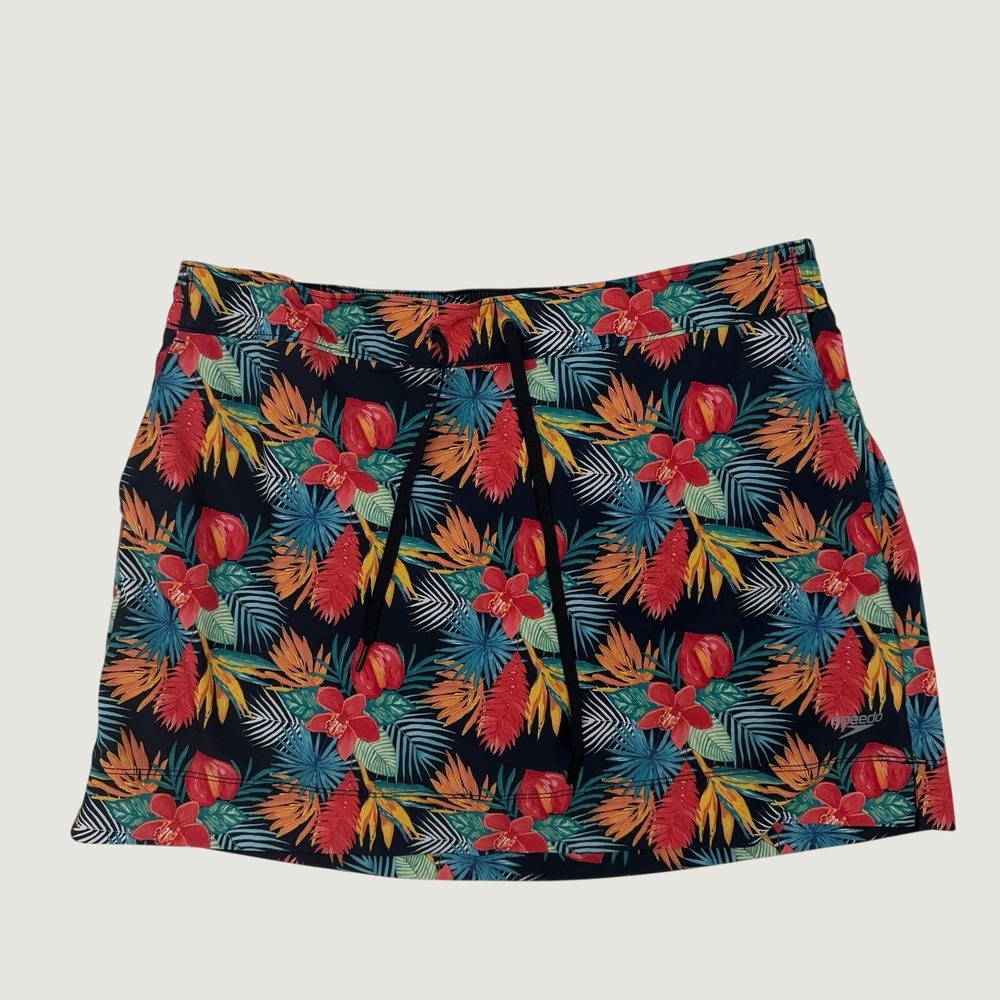 Speedo Women XXL Swim Skort Tropical Floral Navy Blue Drawstring Pocket Skirt